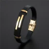 Bracelet en cuir et acier inoxydable, noir et or