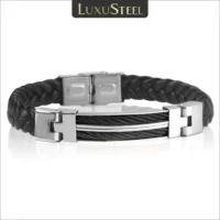 LUXUSTEEL-Bracelet-breloques-classique-en-acier-inoxydable-pour-homme-bracelet-en-cuir-tress-noir-bracelet-d