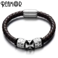 REAMOR-Bracelet-perles-crois-es-en-acier-inoxydable-pour-hommes-cuir-v-ritable-tress-avec-fermoir-2