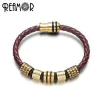 REAMOR-Bracelets-en-cuir-plaqu-or-rouge-marron-bijoux-pour-hommes-incrustation-de-fil-en-acier