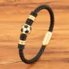 Bracelet en cuir et en acier inoxydable noir, ballon de Football